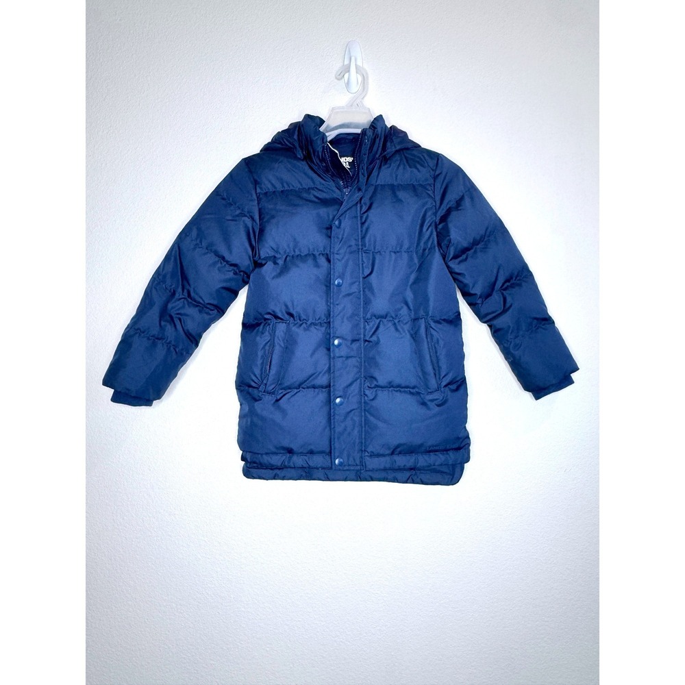 LANDS END Kids Down Puffer Jacket Coat SMALL 6 or 7 Navy Blue Hood Winter Snow